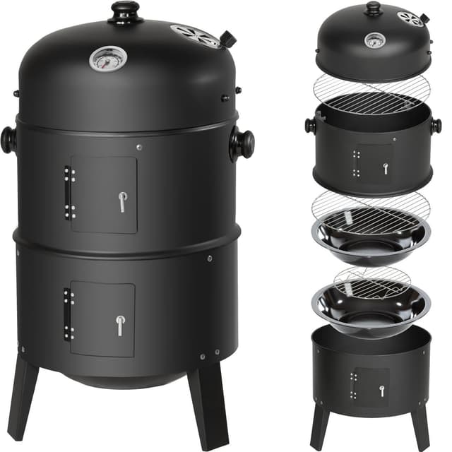 tectake Röktunna, BBQ smoker 3 i 1 - svart