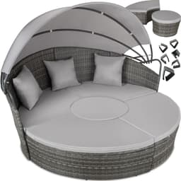 Rund daybed polyrattan med skygge - grå