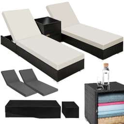 Sæt med liggestole + bord i polyrattan/aluminium - sort