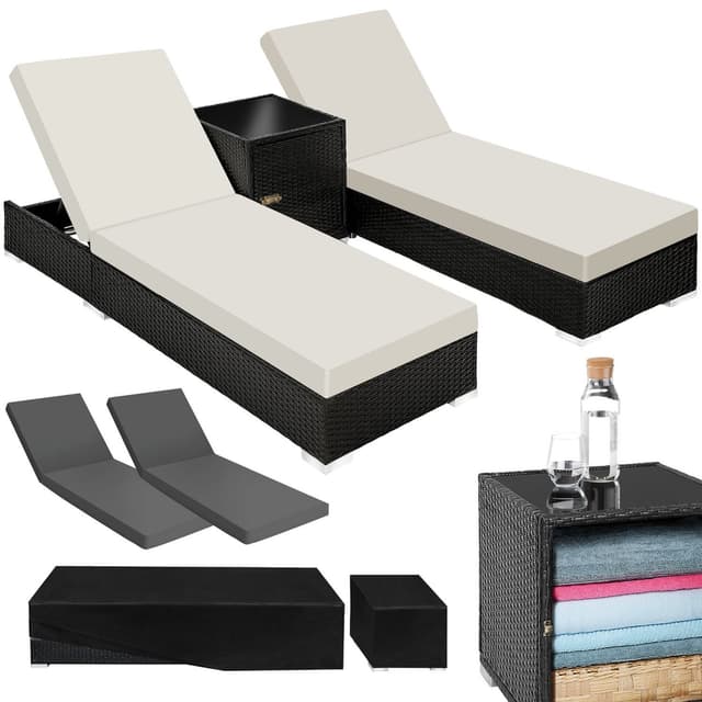 Sæt med liggestole + bord i polyrattan/aluminium - sort