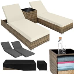 Sæt med liggestole + bord i polyrattan/aluminium - natur