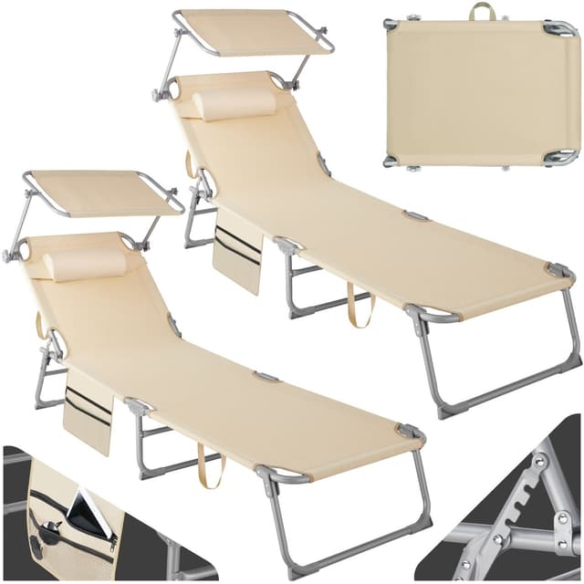 tectake Set med 2 solstolar Chloe, 4-stegs justerbara med huvudkudde - beige