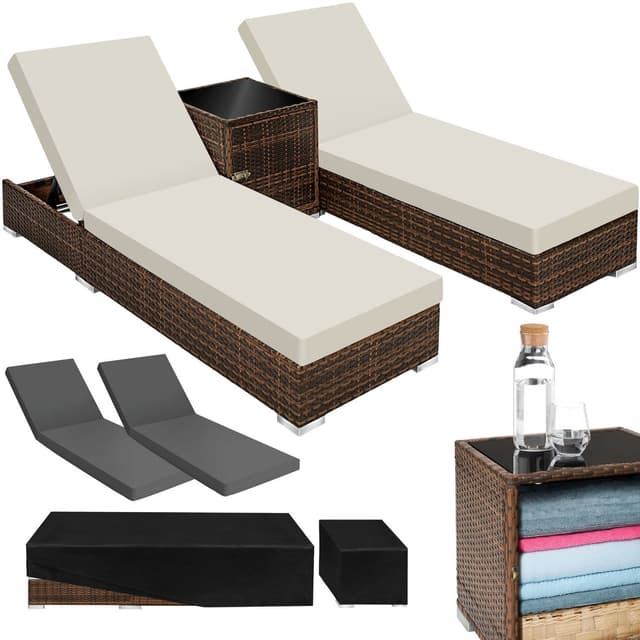 Sæt med liggestole + bord i polyrattan/aluminium - brun