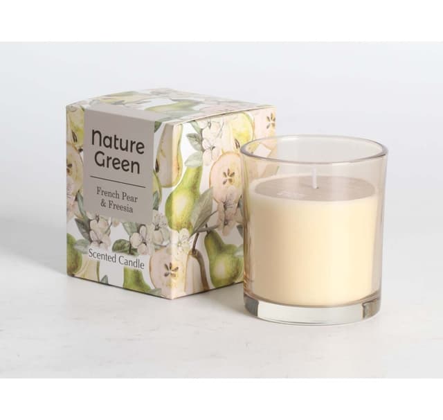 Doftljus i glas NATURE GREEN H9,5cm, French Pear & Freesia