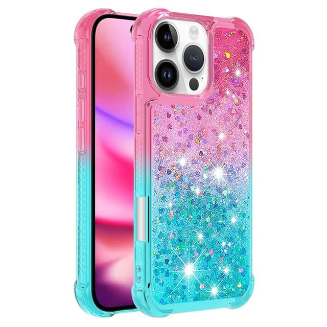 SKALO iPhone 16 Pro Max Kvicksand Glitter Hjärtan TPU-skal - Rosa-Turkos