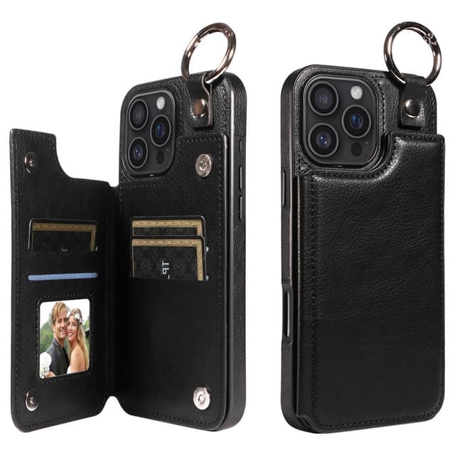 SKALO iPhone 16 Pro Max PU-Nahka Kortinhaltija Ring Suojakuori - Musta