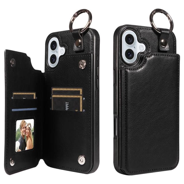 SKALO iPhone 16 Plus PU-Nahka Kortinhaltija Ring Suojakuori - Musta