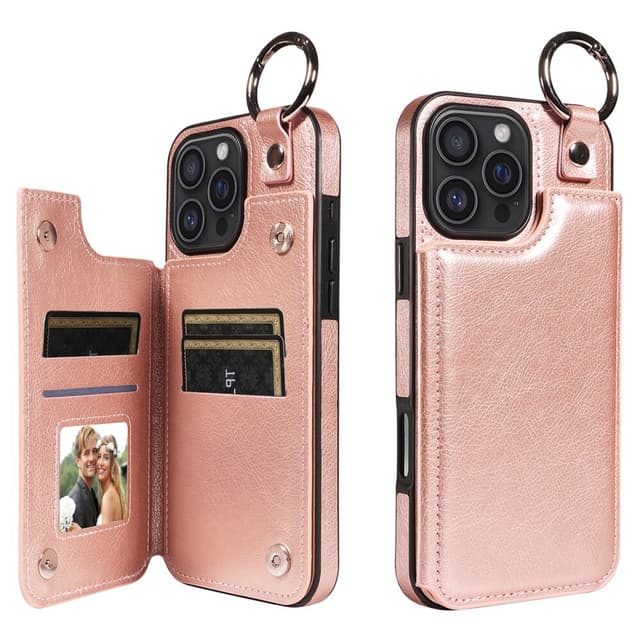 SKALO iPhone 16 Pro Max PU-Läder Korthållare med Ring Skal - Roséguld