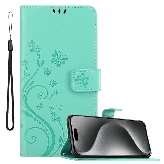 iPhone 16 PRO MAX lommebokdeksel Blomster (Turkis)