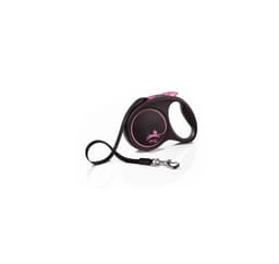 Gångkoppel Svart Design, storlek M, Band, 5m, rosa, Flexi