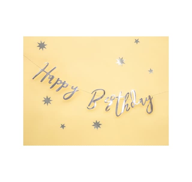 Banner Happy Birthday sølv 16,5*62cm