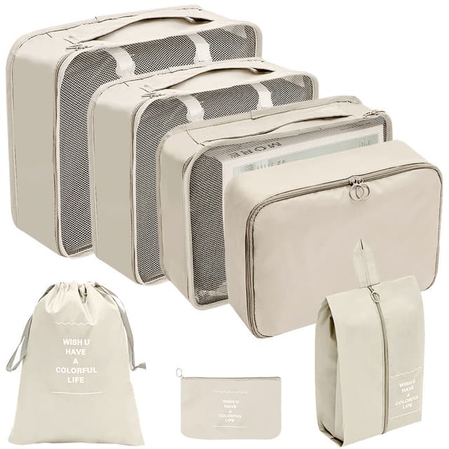 Organizer for koffert - Vanntette pakketerninger og poser 7 stk Beige
