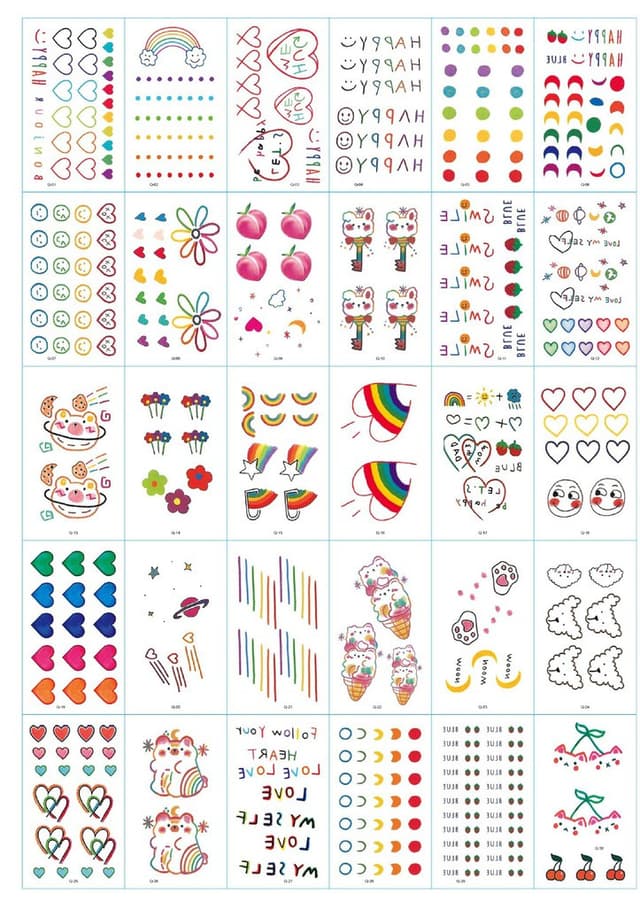 Rubbing - midlertidige tatoveringer 30 ark med fargerike motiver
