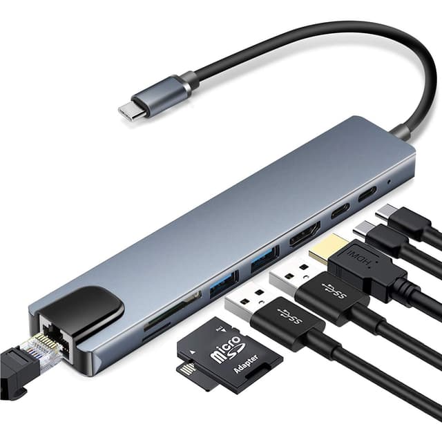 8 portars USB-C hub med USB, UBC PD, HDMI, RJ45, minneskort Grå