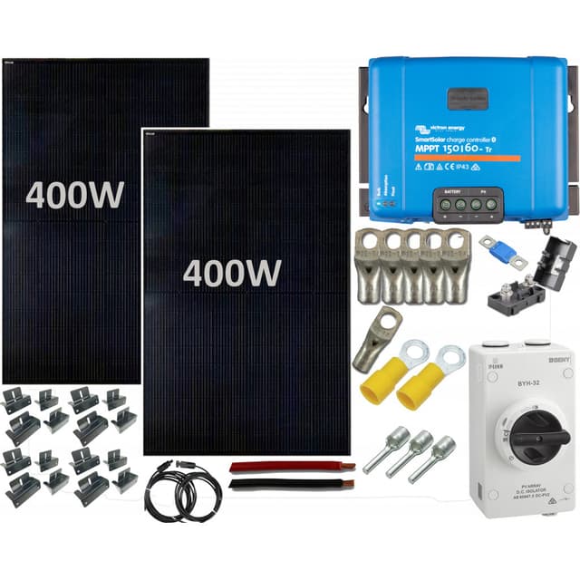 SKANBATT Solcellepakke HYTTE - Stor - 12V - 800W (2x400) m/veggstativ