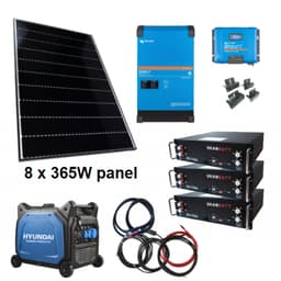 SKANBATT / VICTRON Kraftpakke 230V 8000VA - 2680W (8x335W) Solceller - Med LITHIUM HEAT Batterier(15.36kWt) og HYUNDAI 6500W Aggregat