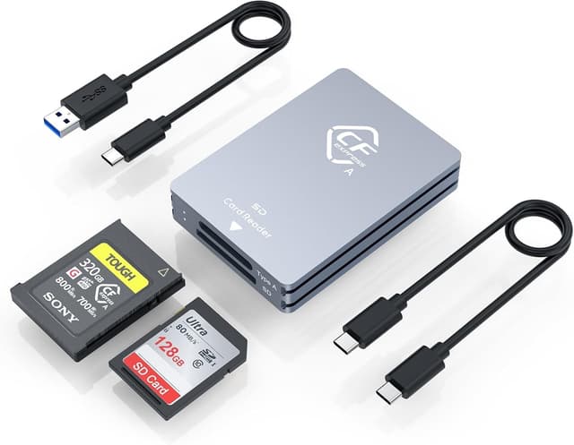 NÖRDIC Dual-Slot CFexpress Type A og SD-kortlæser, USB 3.2 Gen 2 10Gbps Windows/Mac/Linux/Android