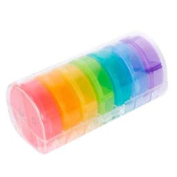 Rund pilleæske med 7 farvekodede doseringsglas - til daglig medicinering morgen og aften