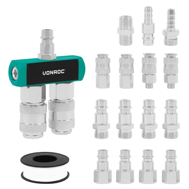 VONROC 16-delad Luftkopplingssats | Universella Euro/DIN 7,2 mm Kopplingar | Perfekt för Pneumatiska Verktyg och Kompressorer