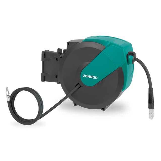VONROC Automatisk Luftslangvinda | 15m Premium Gummislang | Universella Kopplingar | För Pneumatiska Verktyg & Kompressorer