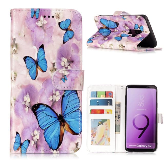 Samsung Galaxy S9 Plus Lompakkokotelo - Sininen Perhonen ja Kukka