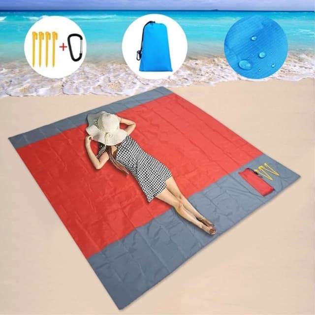 Stor Strandfilt 210x200cm Sandtät Vattentät Lätt Utomhusfilt Röd