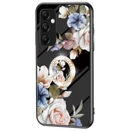 Til Samsung Galaxy A35 Herdet Glassdeksel Ring Kickstand Mobiltelefonveske - Svart Blomsterbusk