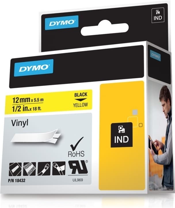 DYMO RhinoPRO märktejp perm vinyl 12mm, svart på gult, 5.5m rulle (18432)