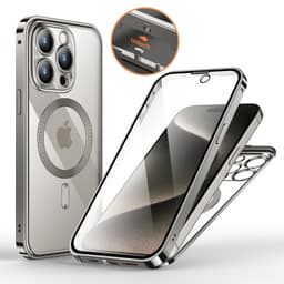 iPhone kotelo näytönsuojalla iPhone 15 -sarjalle Hopea iPhone 15