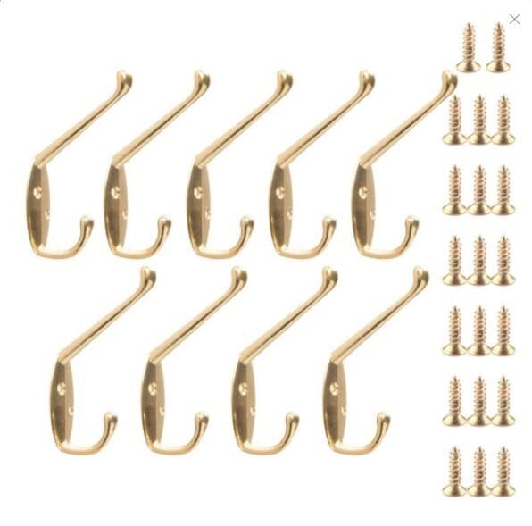 9-pack Väggmonterade Metallkrokar, Dubbla Stift Guld