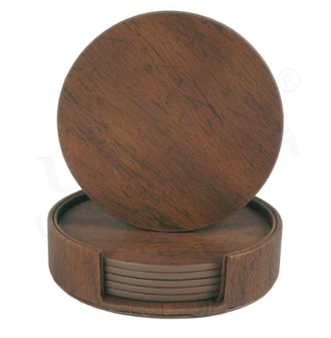 Sett med 6 runde PU-skinnunderlag med holdere Brun