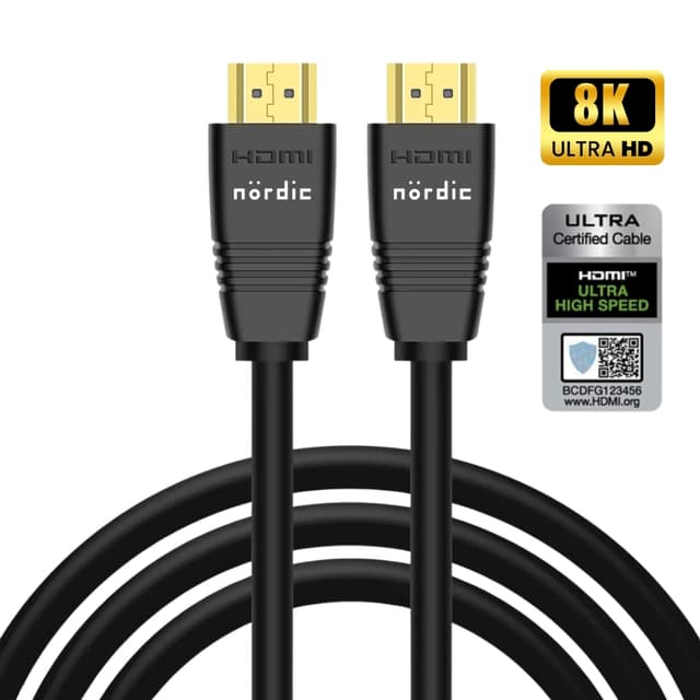 NÖRDIC CERTIFIED CABLES 5m Ultra High Speed ​​​​HDMI2.1 8K 60Hz 4K 120Hz 144Hz 48Gbps Dynamic HDR eARC Game Mode VRR Dolby ATMOS gullbelagt PVC svart