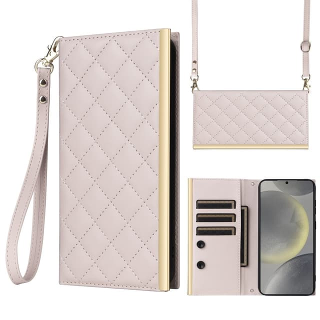 SKALO Samsung S25+ Quiltet skulderrem med guldkant Flip Cover - Beige