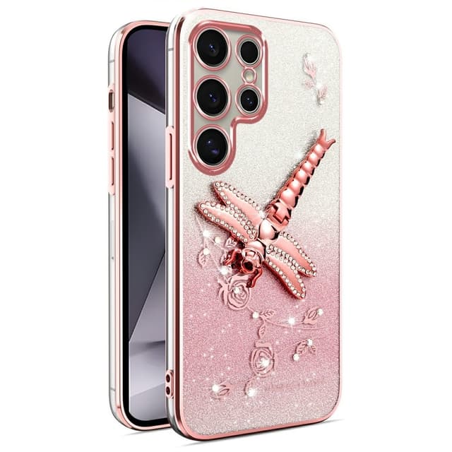 SKALO Samsung S25 Ultra KADEM Dragonfly Glitter Skal - Rosa
