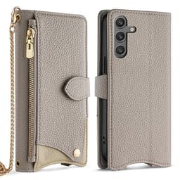 SKALO Samsung S25 Litchi Makeup Mirror Chain Lompakkokotelo - Harmaa