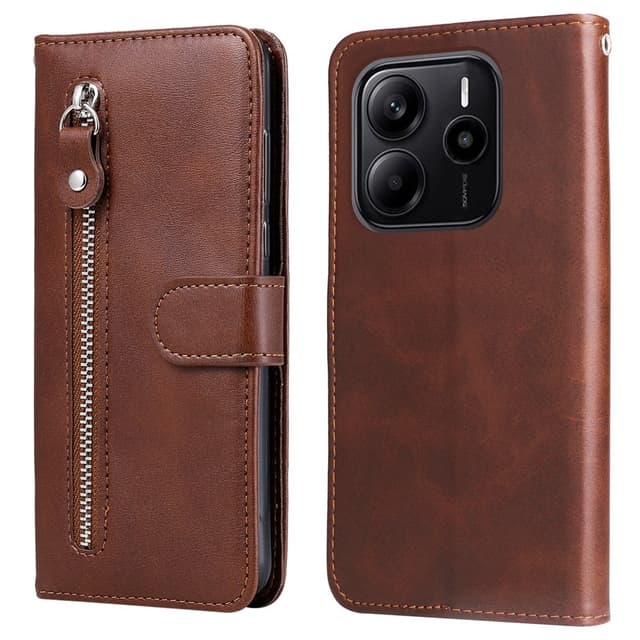 SKALO Xiaomi Redmi Note 14 4G Klassinen vetoketju Lompakkokotelo - Ruskea