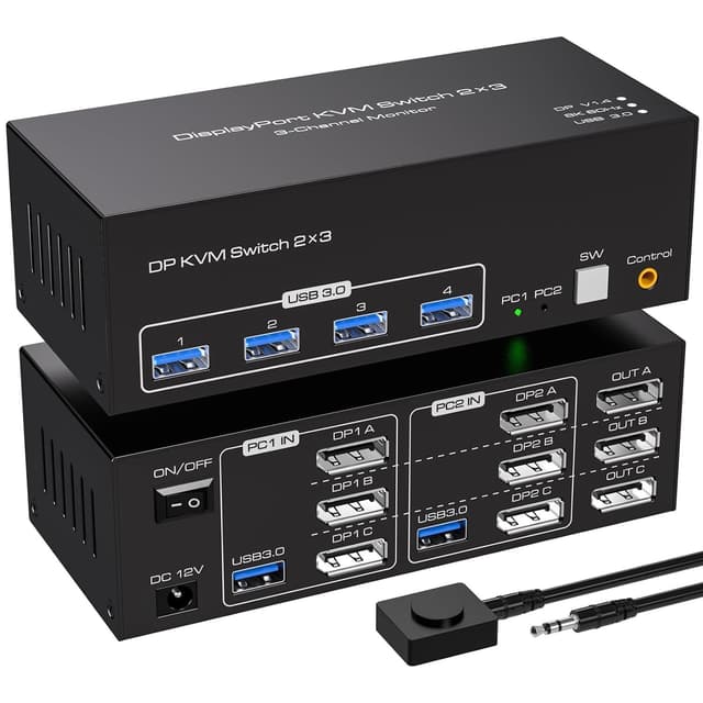 NÖRDIC DisplayPort 1.4 KVM-kytkin 2 tietokonetta 3 näyttöä 8K60Hz 4K144Hz kolmonäyttö 4 USB 3.0 2 PC:lle, jakaa 3 näyttöä