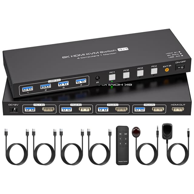 NÖRDIC HDMI KVM-switch 4 datorer 1 skärm 8K 60Hz 4K 144/120Hz 4xUSB-enheter