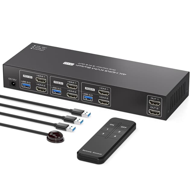 NÖRDIC HDMI KVM-switch 3 datorer 2 skärmar 4K60Hz EDID 4 USB 3.0-portar med fjärrkontroll