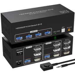 NÖRDIC KVM-switch 2 PC 3 skärmar 8K60Hz 4K144Hz Tripplaskärmar 2xDP 1xHDMI 4xUSB 3.0-portar
