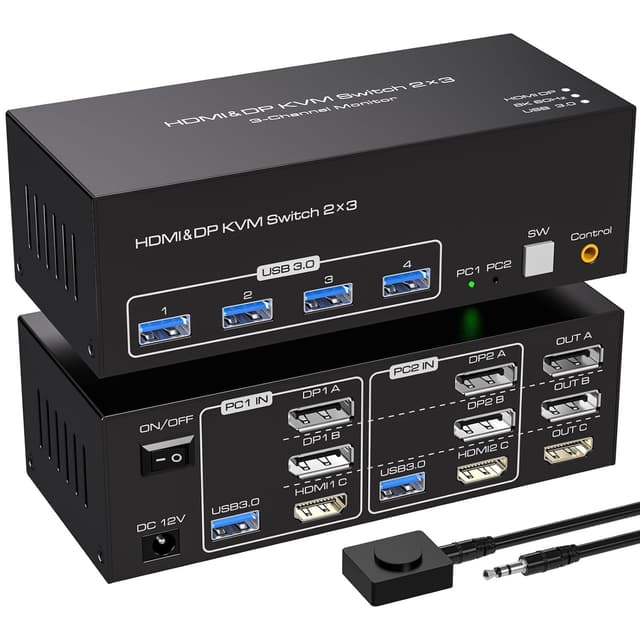 NÖRDIC KVM-switch 2 PC 3 skärmar 8K60Hz 4K144Hz Tripplaskärmar 2xDP 1xHDMI 4xUSB 3.0-portar
