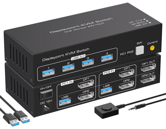 NÖRDIC KVM-svitsj 2 til 2 DisplayPort til DisplayPort, 8K60Hz/4K120Hz, 4x USB-A