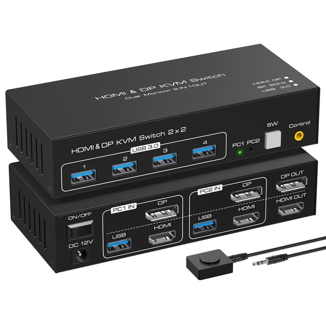 NÖRDIC KVM-svitsj 2 til 2 DisplayPort & HDMI, 8K60Hz/4K120Hz, 4x USB-A