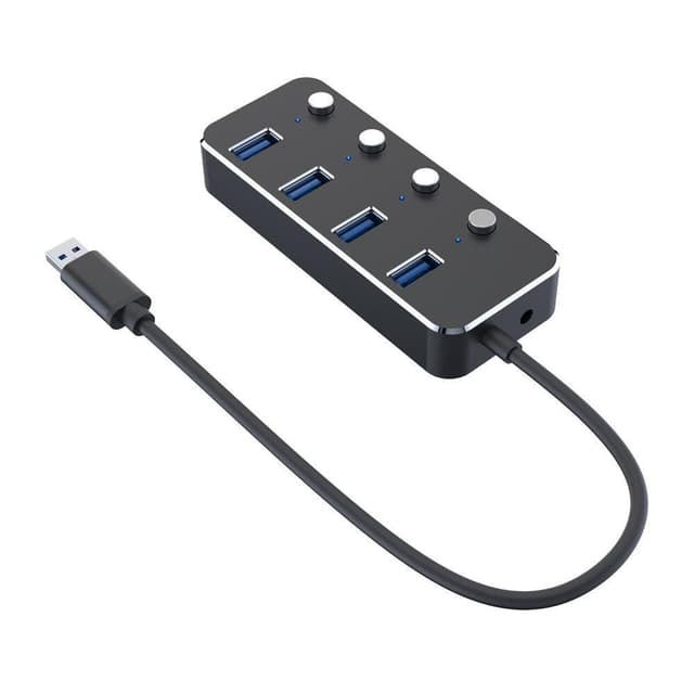 NÖRDIC 4-ports hubb USB 3.0 5Gbps med individuell switch 25cm kabel aluminium
