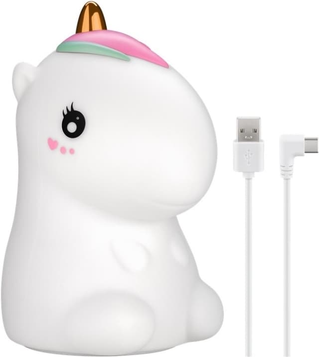 Goobay LED-nattlampa ""Enhörning"" varmvitt ljus och 7 färgskiftningar (RGB-ljus), med 3 ljuslägen, beröringssensor och Li-ion-batteri (3,7 V/1200 mAh), tillverkat av mjukt silikon