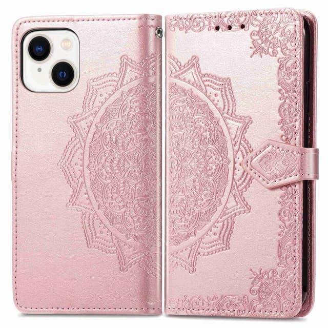 SKALO iPhone 14 Mandala lompakkokotelo - Ruusukulta