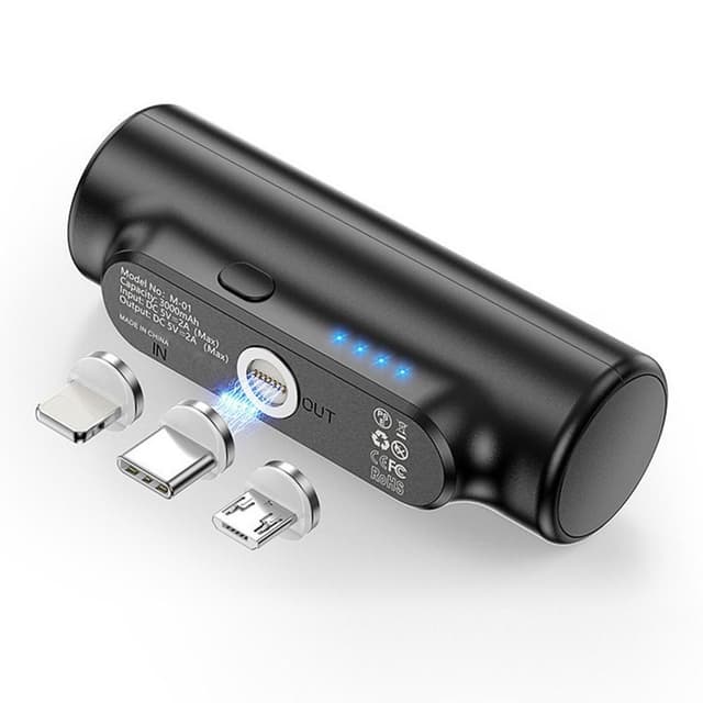 3000mAh bærbar strømbank USB-C/lyn/mikro USB