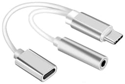 Dobbeltadapter USB-C til 3,5 mm jackstik og opladning, sølv