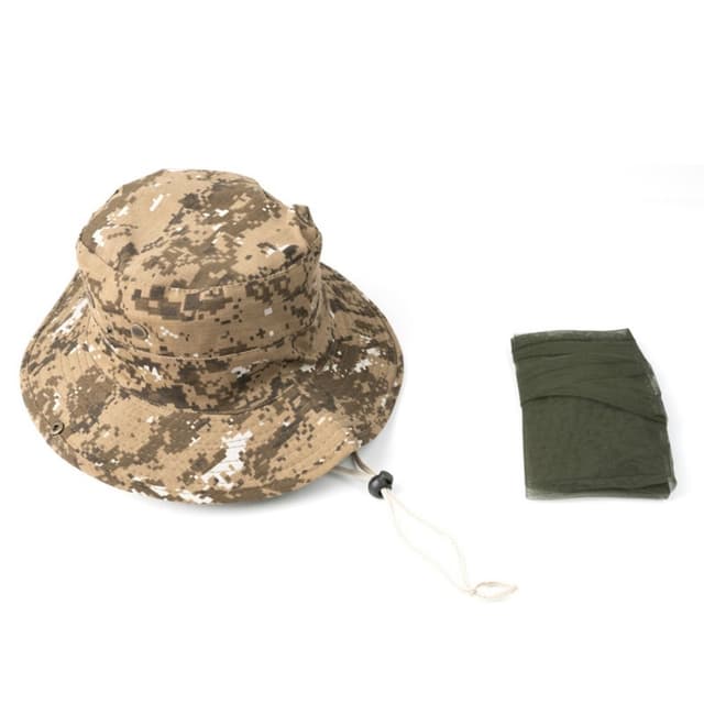 Camouflage bøttehatte med myggnett Campingfiske - Khaki