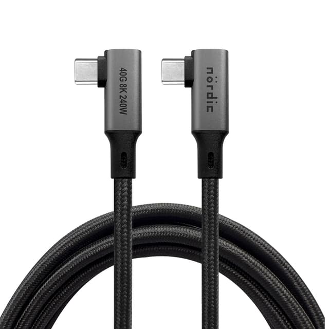 NÖRDIC vinklet 50 cm USB4 USB-C til C nylonflettet kabel PD3.1 240W 40G 8K60Hz 4K144Hz grå